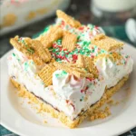 No Bake Christmas Cookie Lush – Easy Holiday Dessert 4 Layered No Bake Christmas Cookie Lush in a clear glass dish with chocolate and candy toppings