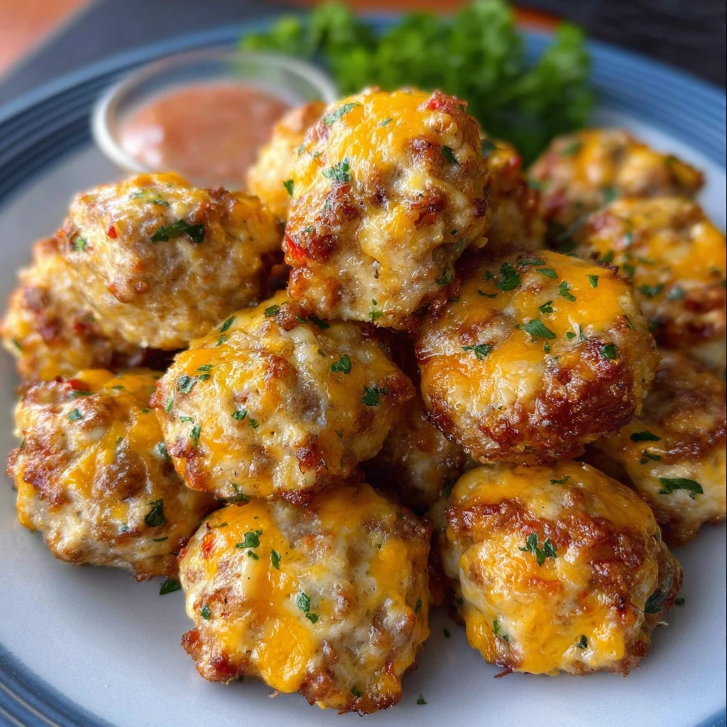Golden-brown Pioneer Woman Rotel Cream Cheese Sausage Balls fresh from the oven
