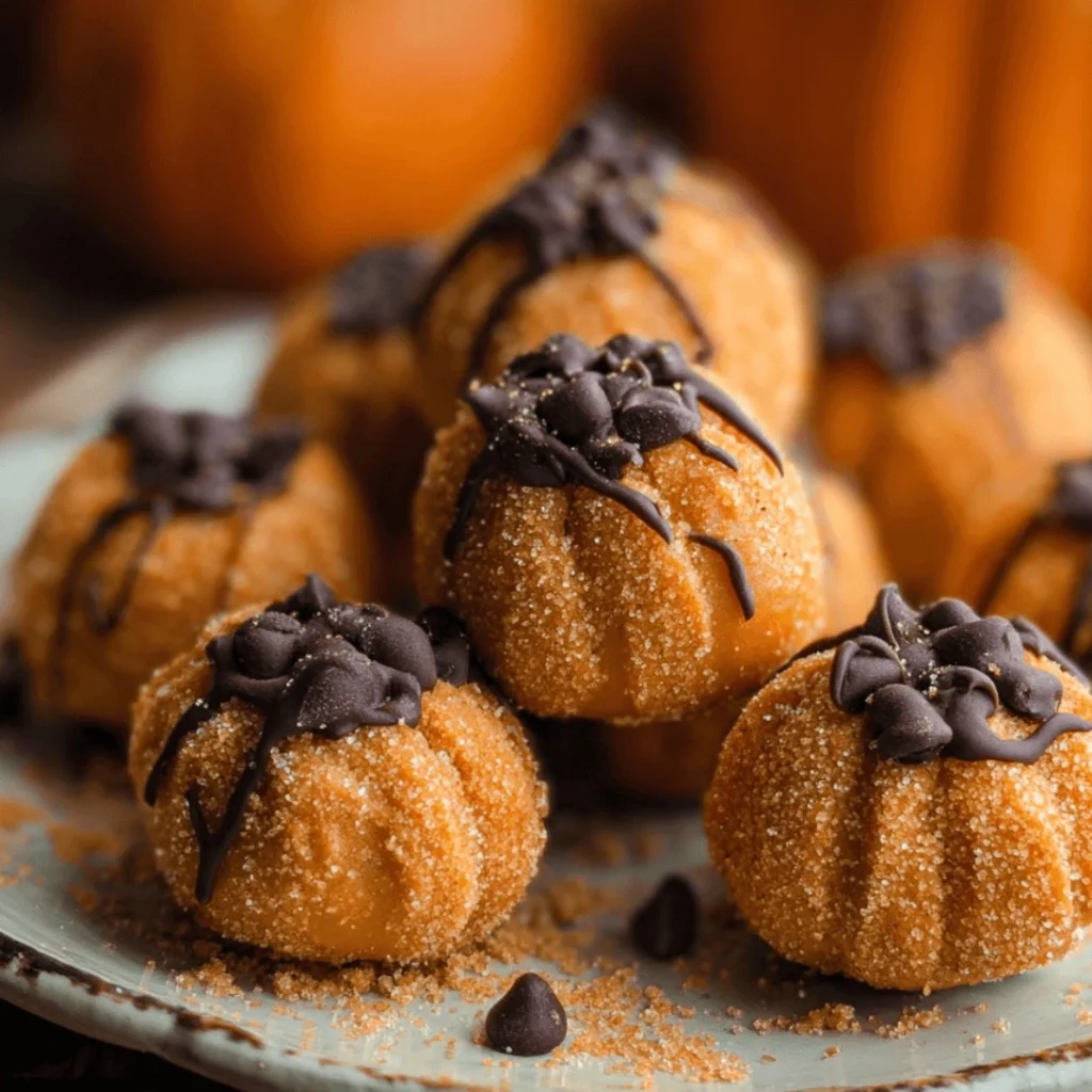 Pumpkin cheesecake truffles coated in white chocolate and topped with crushed graham crackers.
