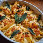Baked pumpkin and gouda stuffed pasta shells topped with brown butter sage Alfredo sauce