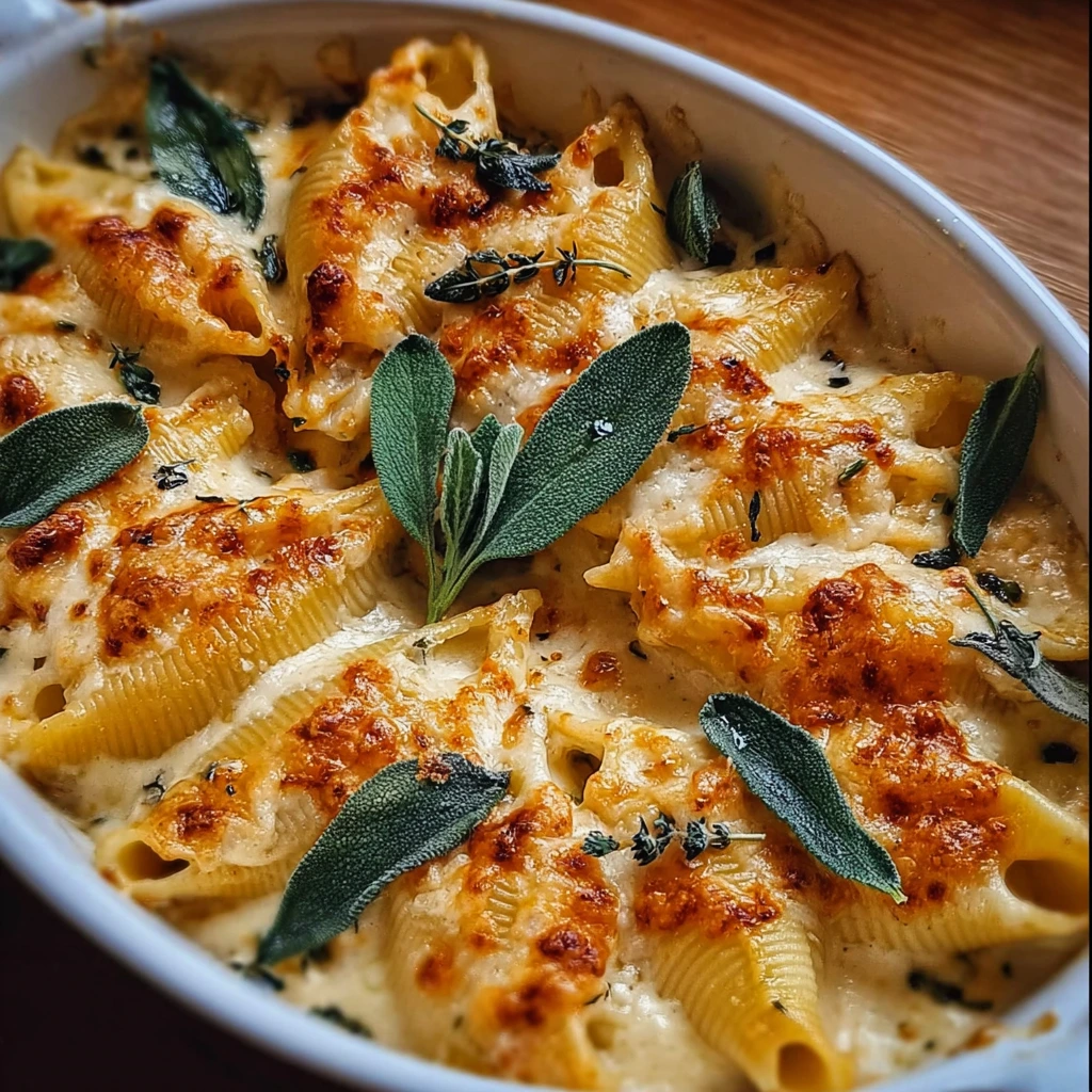 Baked pumpkin and gouda stuffed pasta shells topped with brown butter sage Alfredo sauce