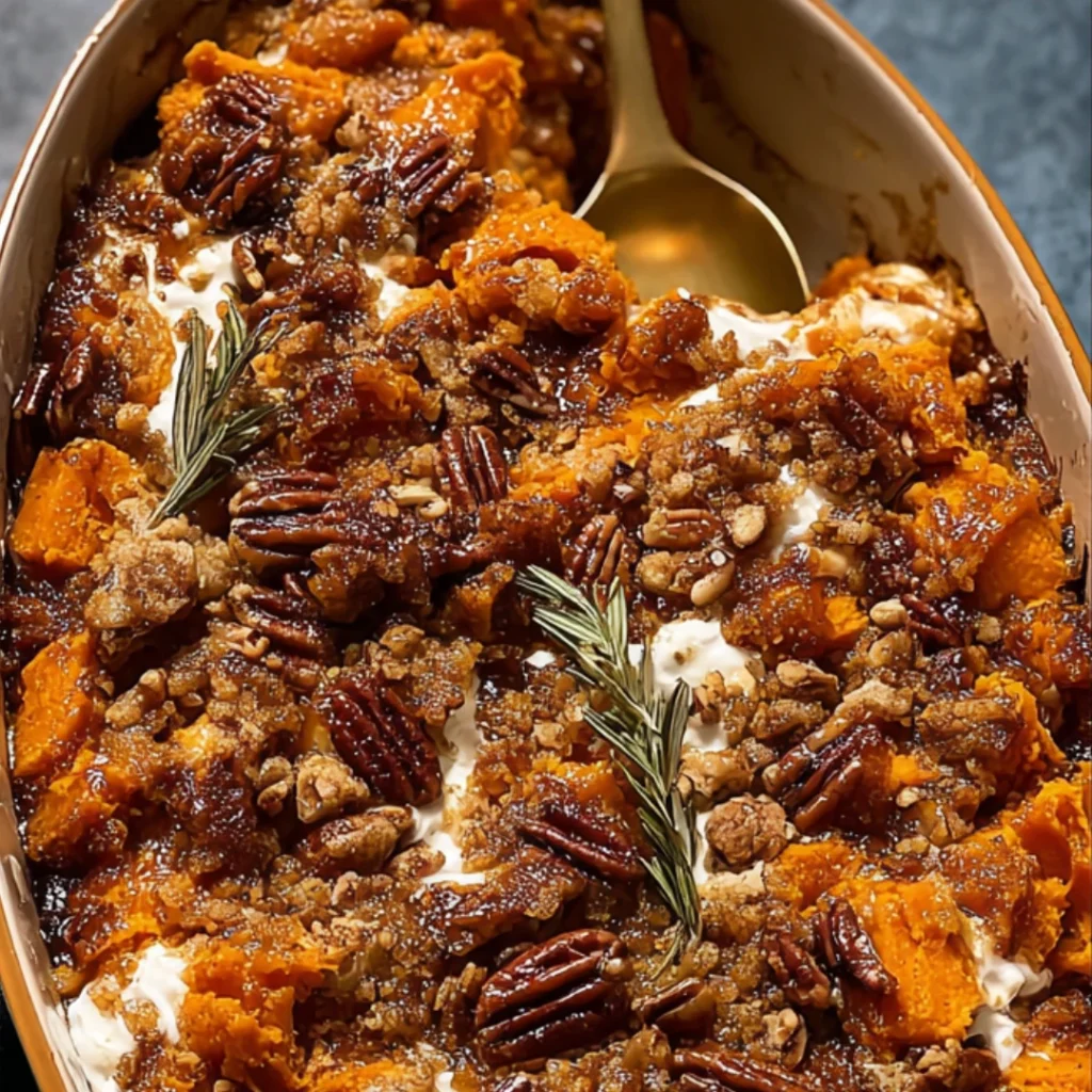 Southern Maple Sweet Potato Casserole with Candied Pecans 1 Southern Maple Sweet Potato Casserole topped with golden candied pecans.