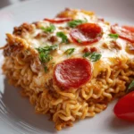 Close-up of spicy ramen lasagna with melty cheese and chili flakes