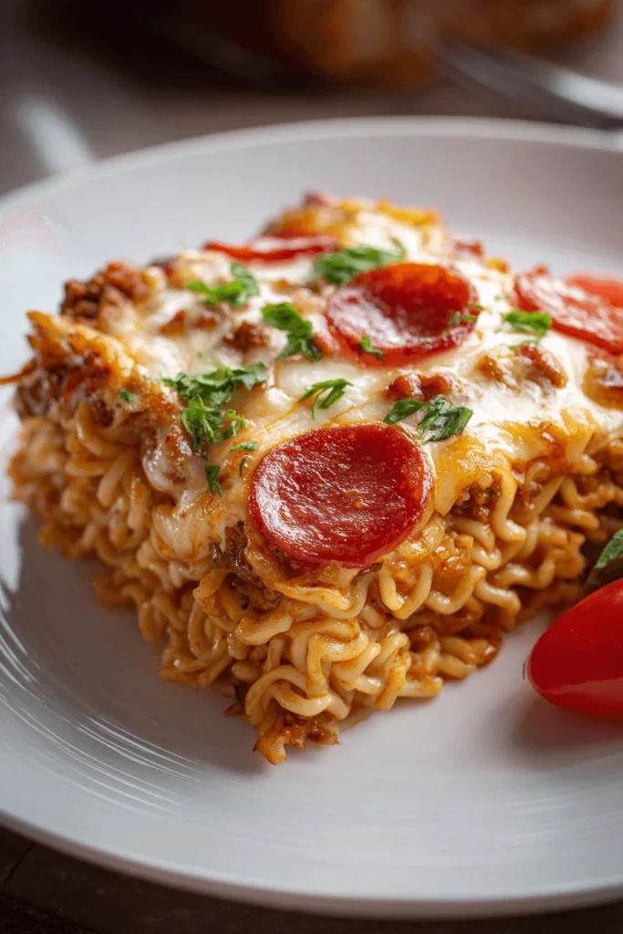 Close-up of spicy ramen lasagna with melty cheese and chili flakes