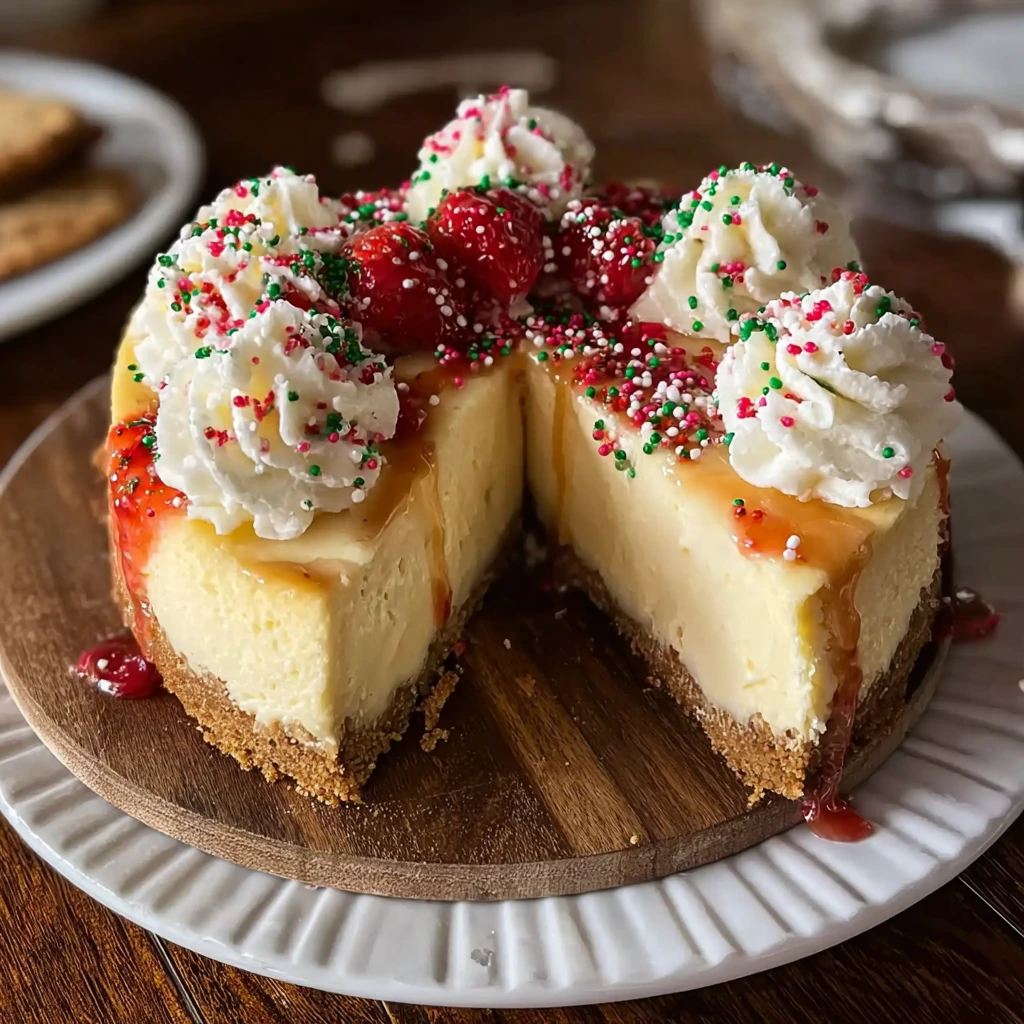 Sugar Cookie Cheesecake Recipe with Cookie Dough Bites – Creamy Holiday Dessert 3 Whole sugar cookie cheesecake with cookie dough bites on a white serving platter
