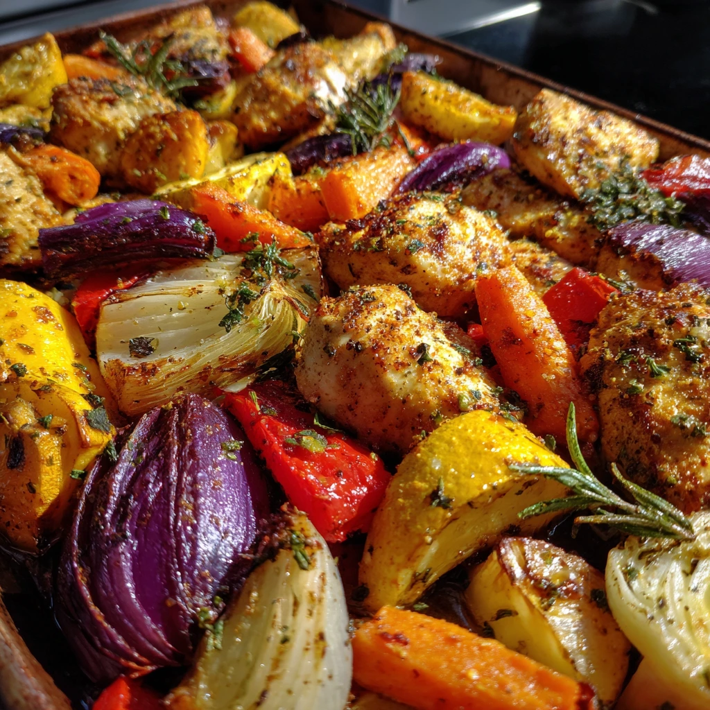 Eco-friendly sheet pan dinner with seasonal vegetables and plant-based protein, baked on a reusable tray for a sustainable meal.