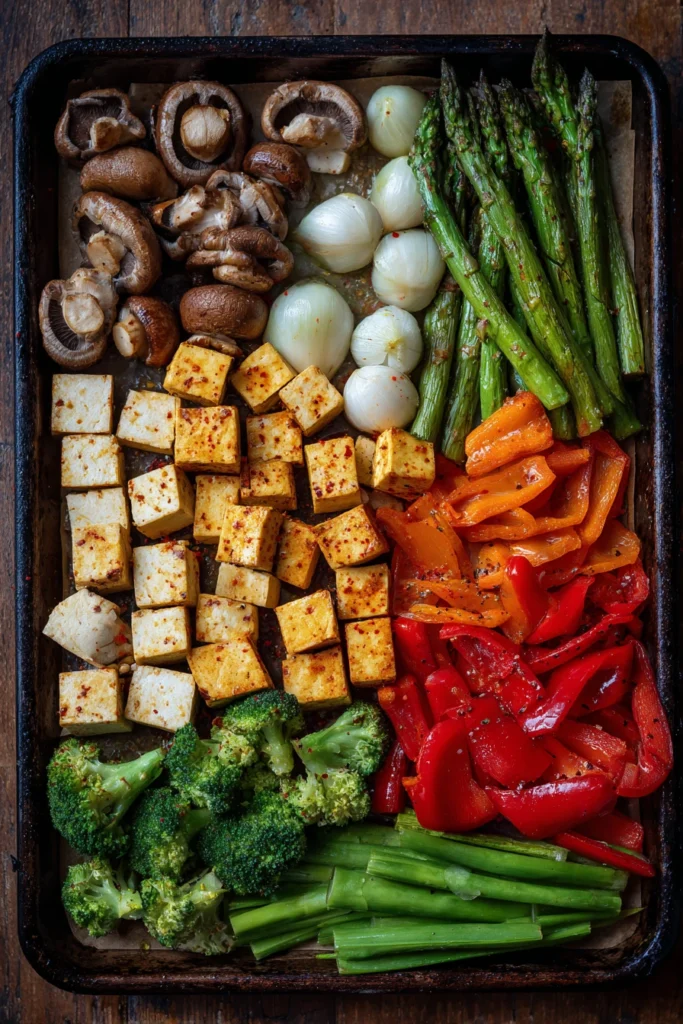Fresh sustainable ingredients for a sheet pan dinner, including seasonal vegetables, herbs, and plant-based proteins arranged on a kitchen counter.