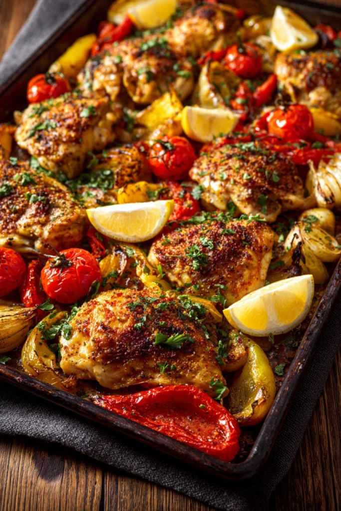 Mediterranean-style sustainable sheet pan dinner with roasted vegetables, chickpeas, and herbs, served with lemon and olive oil.