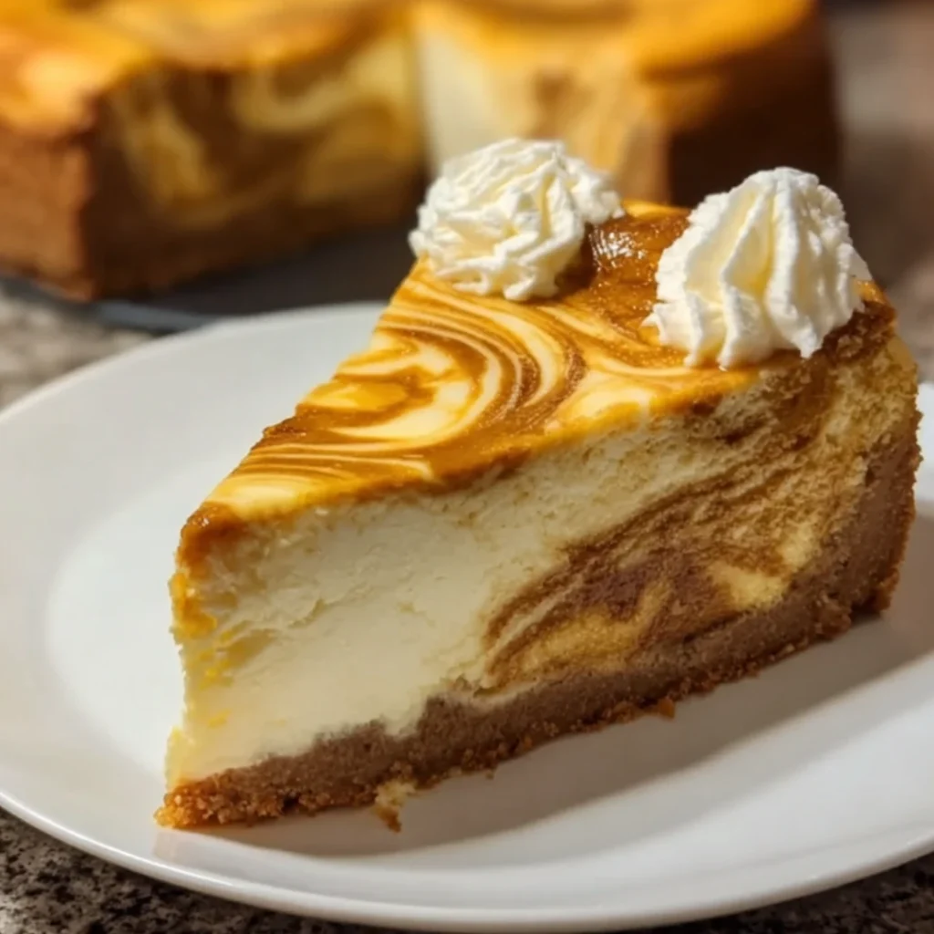 Slice of Thanksgiving pumpkin cheesecake with whipped cream and caramel drizzle