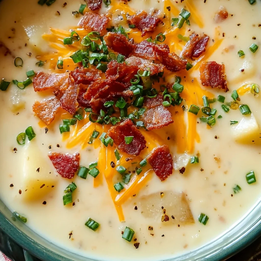 The Best Homemade Loaded Potato Soup – Cozy, Hearty & Easy Comfort Food Recipe 1 Creamy loaded potato soup topped with cheddar cheese, turkey bacon, and chives.