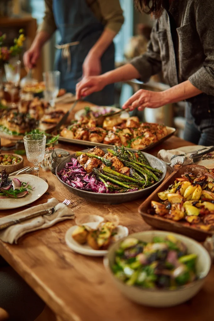 Family enjoying a sustainable sheet pan dinner with roasted vegetables and plant-based ingredients around the dinner table.