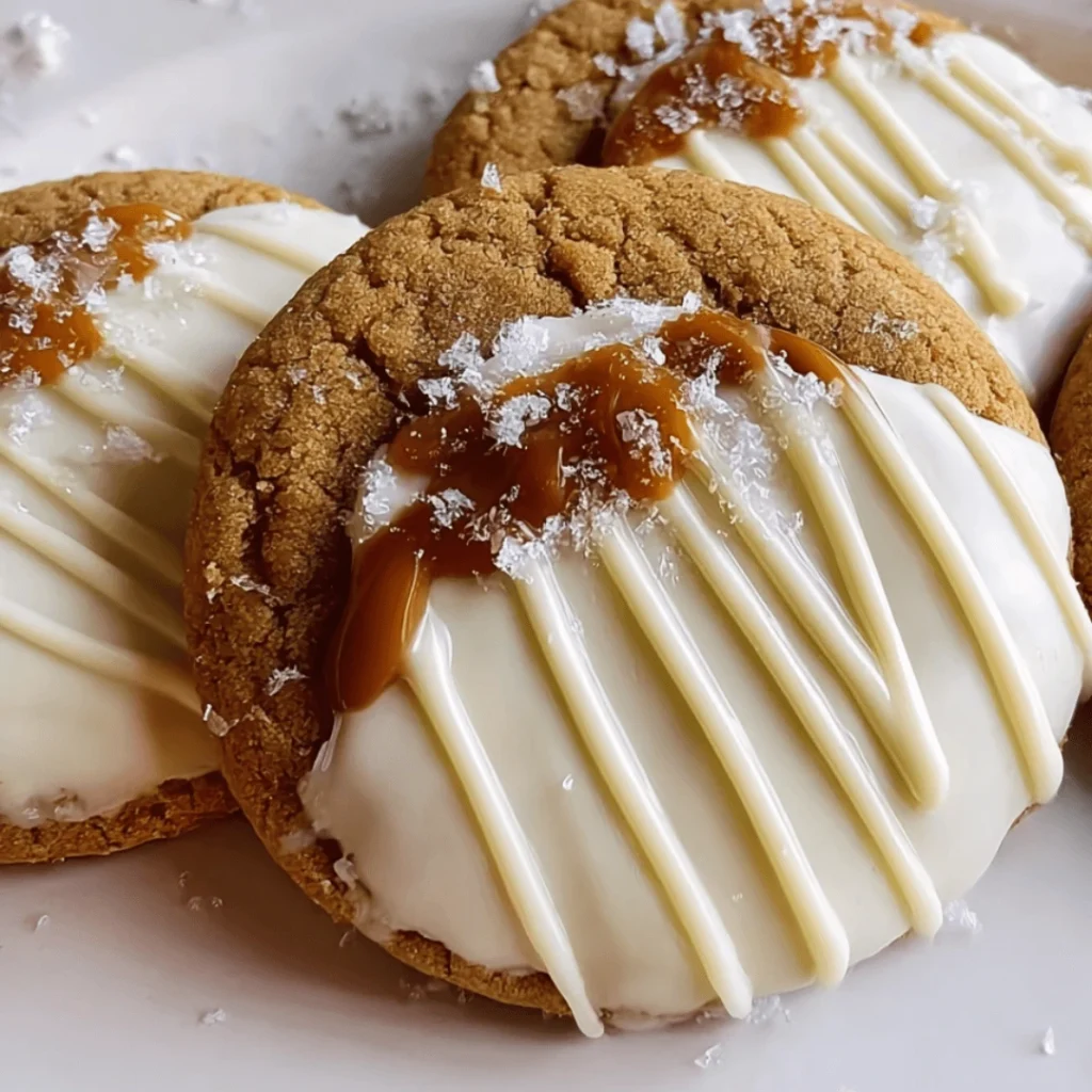 White chocolate dipped chewy maple cookies on a festive plate with a sprinkle of cinnamon.