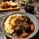 Apple Cider Braised Short Ribs in a Dutch oven, fall-off-the-bone tender with glossy cider sauce