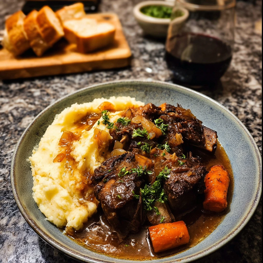 Apple Cider Braised Short Ribs in a Dutch oven, fall-off-the-bone tender with glossy cider sauce