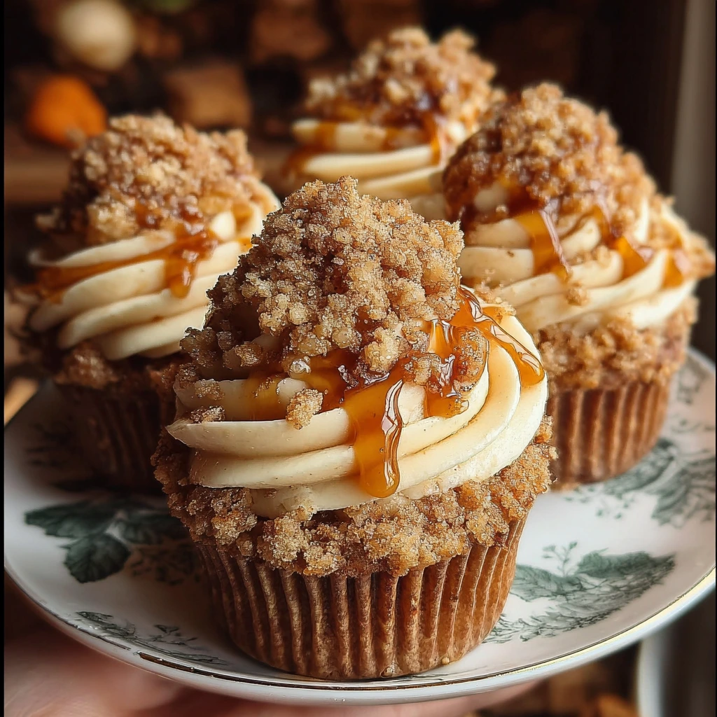 Tray of cozy apple crumble cupcakes with oat crumble topping