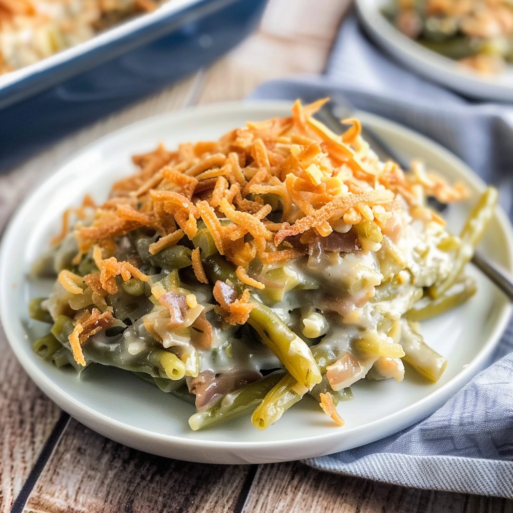 creamy green bean casserole in a glass baking dish topped with crispy fried onions