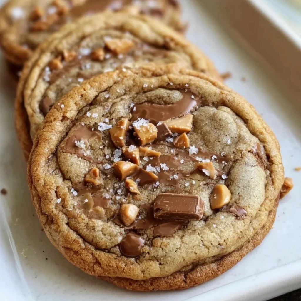 Stack of brown butter coffee toffee cookies with toffee bits visible