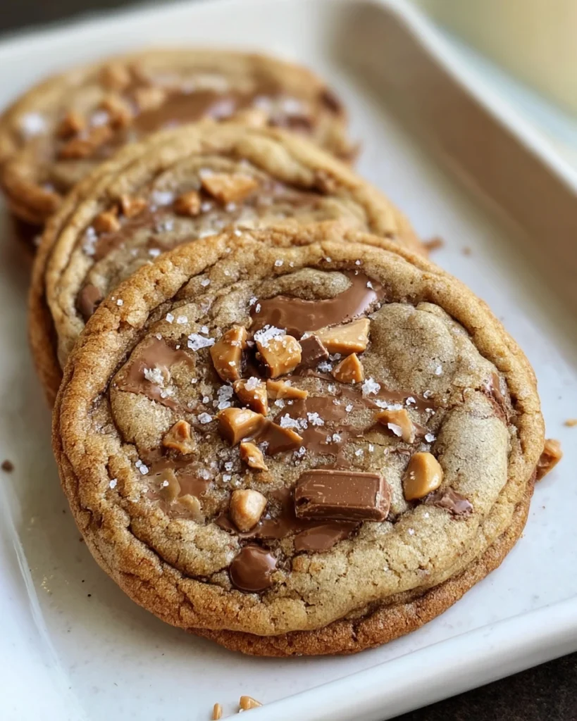 Stack of brown butter coffee toffee cookies with toffee bits visible