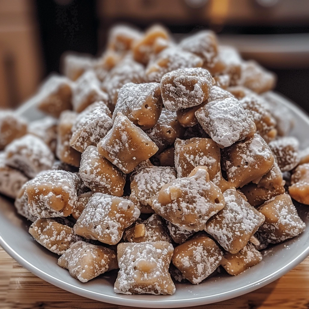Caramel Apple Puppy Chow in a fall-themed bowl.