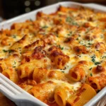 Cheesy Baked Rigatoni Pasta – Easy, Comforting & Family-Friendly Dinner Idea 4 Golden baked rigatoni pasta with melted cheese and fresh basil garnish