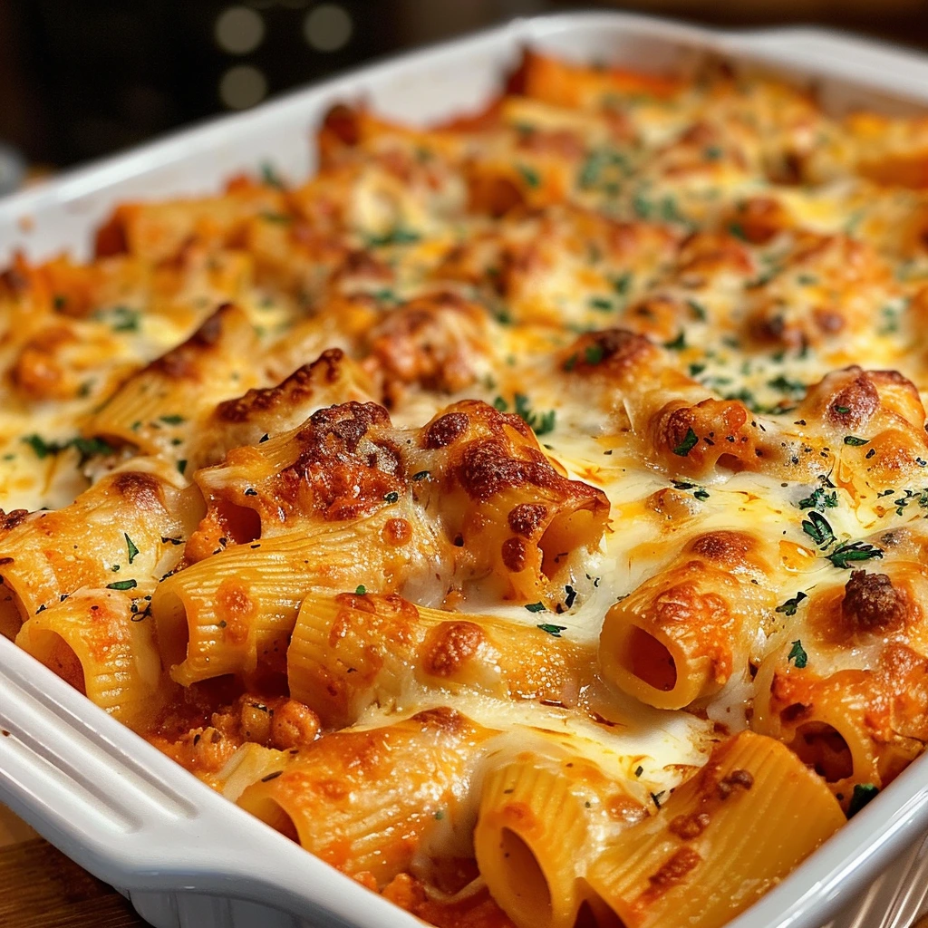 Golden baked rigatoni pasta with melted cheese and fresh basil garnish