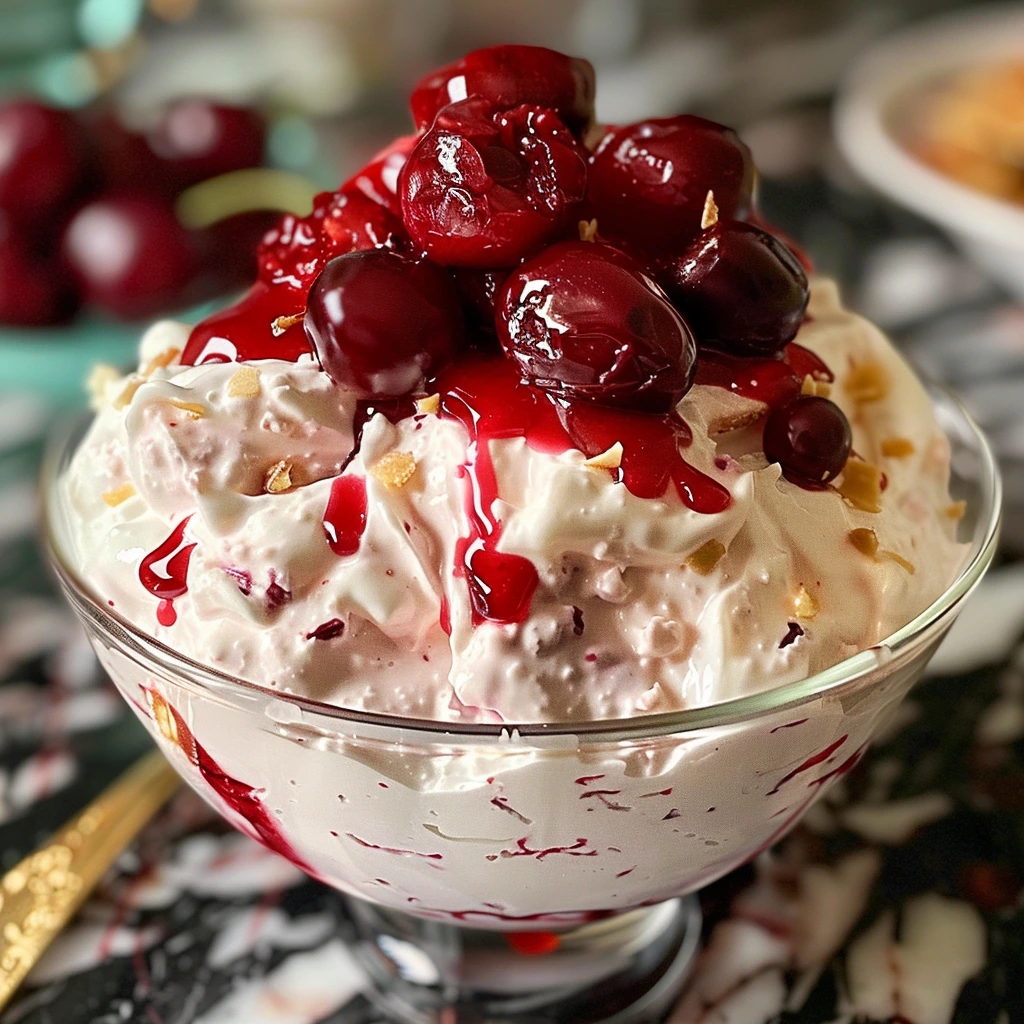Cherry Cheesecake Fluff served in a chilled bowl with cherry topping