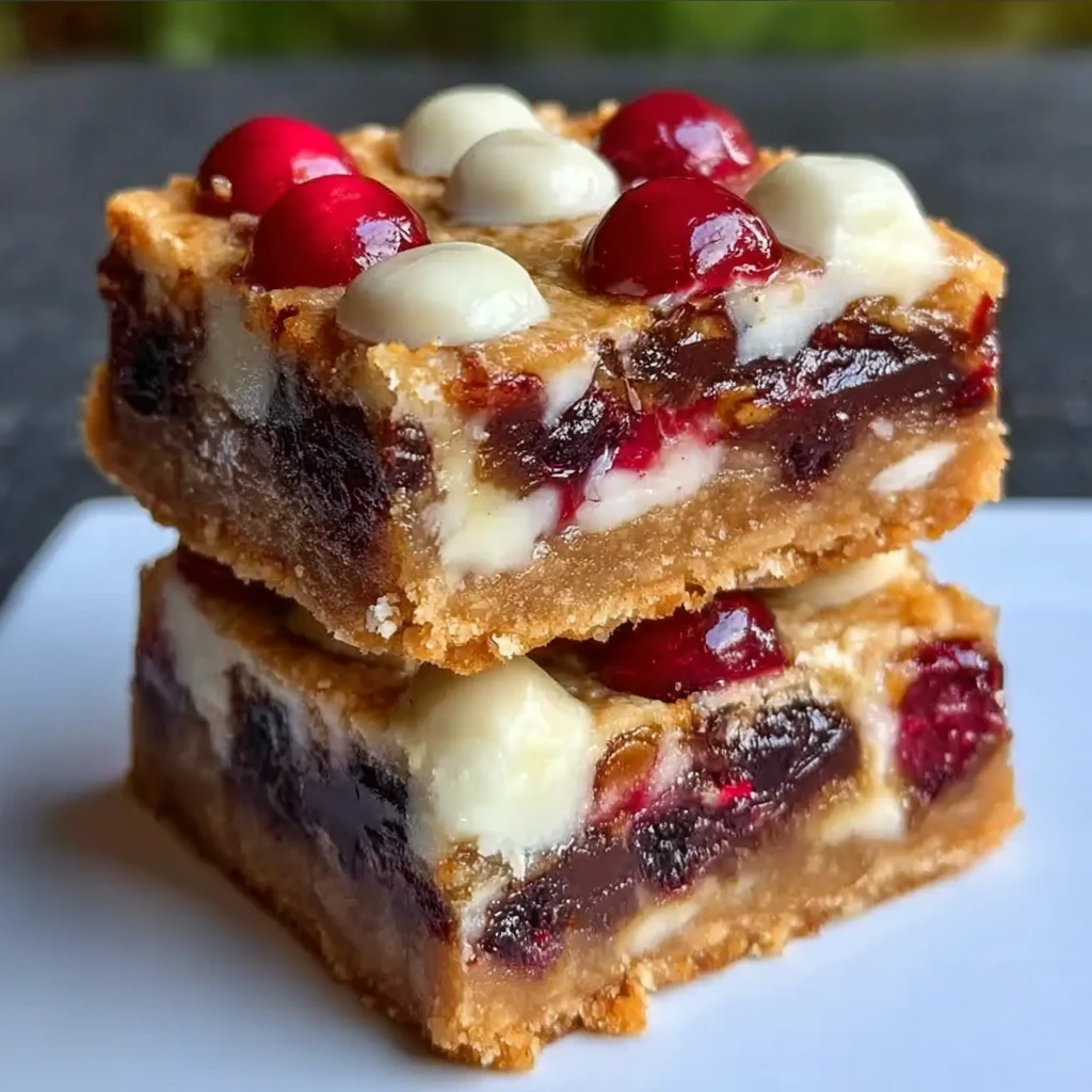 Chewy chocolate Christmas bars with marshmallows, chocolate chips, and nuts on a holiday tray