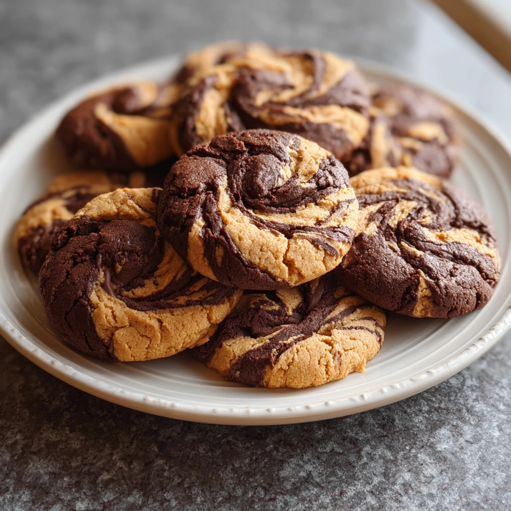 Close-up of Chocolate Peanut Butter Swirl Cookies with soft, chewy centers and marbled swirl