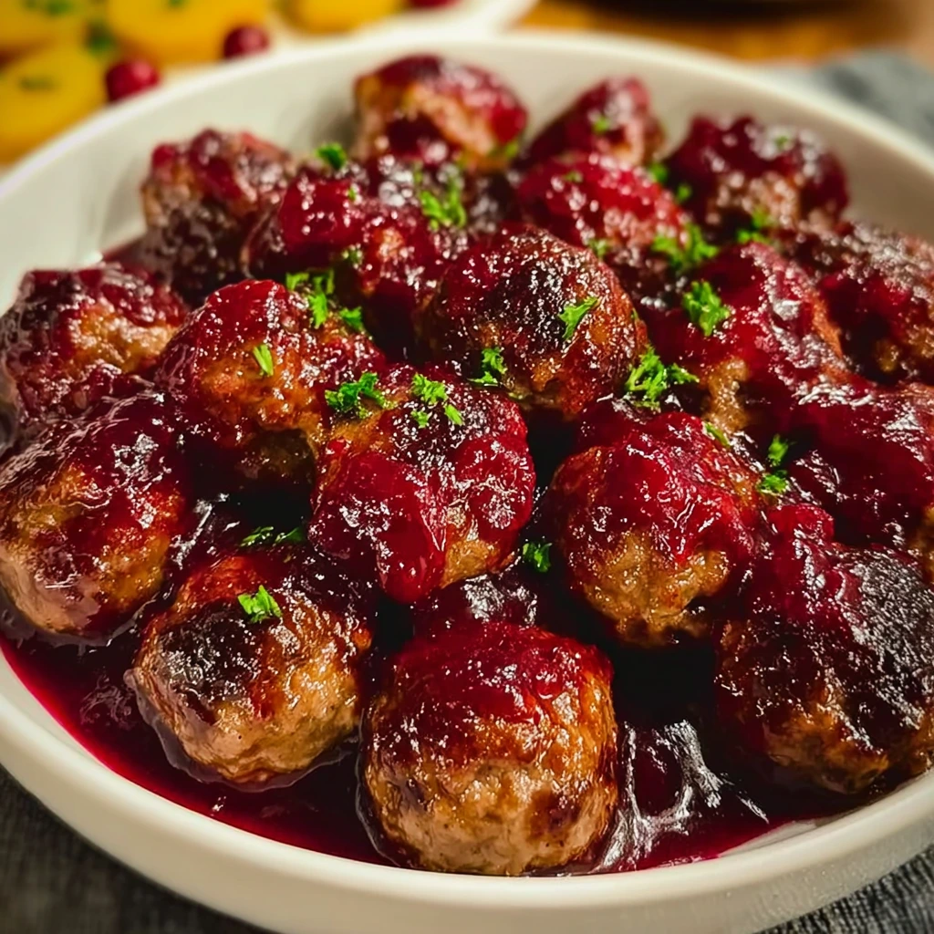 Christmas cranberry meatballs served with sauce