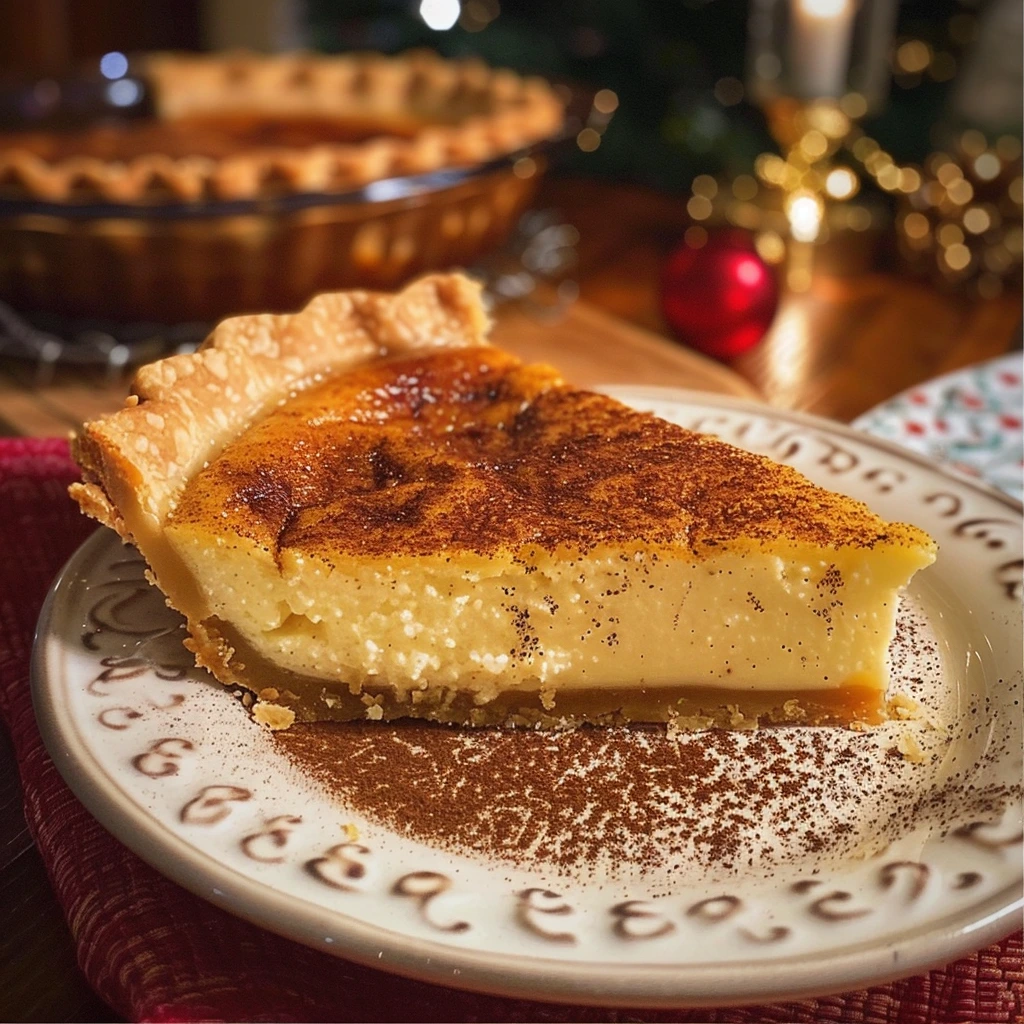Christmas Eve cinnamon vanilla custard pie with golden crust and creamy filling