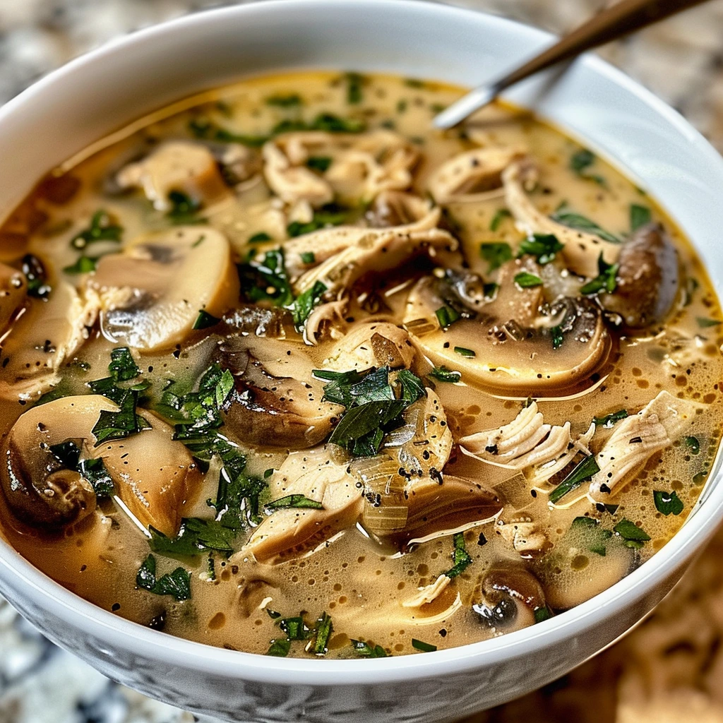 Clean chicken mushroom soup in a bowl, low-carb and dairy‑free