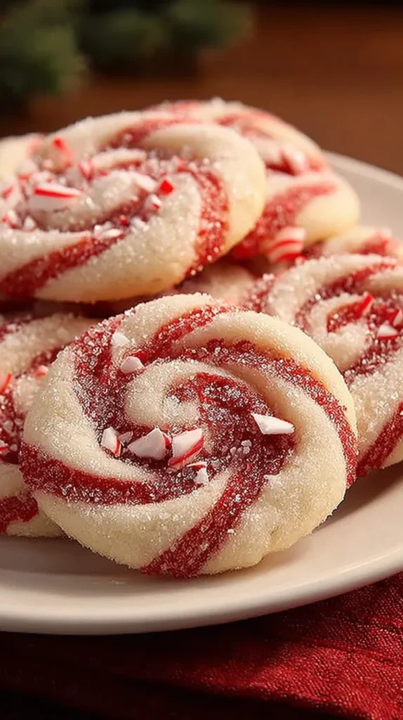 Close-up of a peppermint swirl cookie with red and white spiral