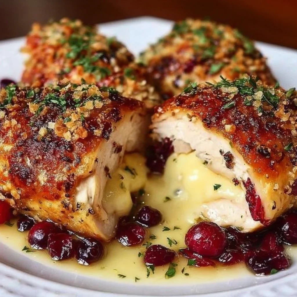 Cranberry Brie Stuffed Chicken with herbs and cranberries.