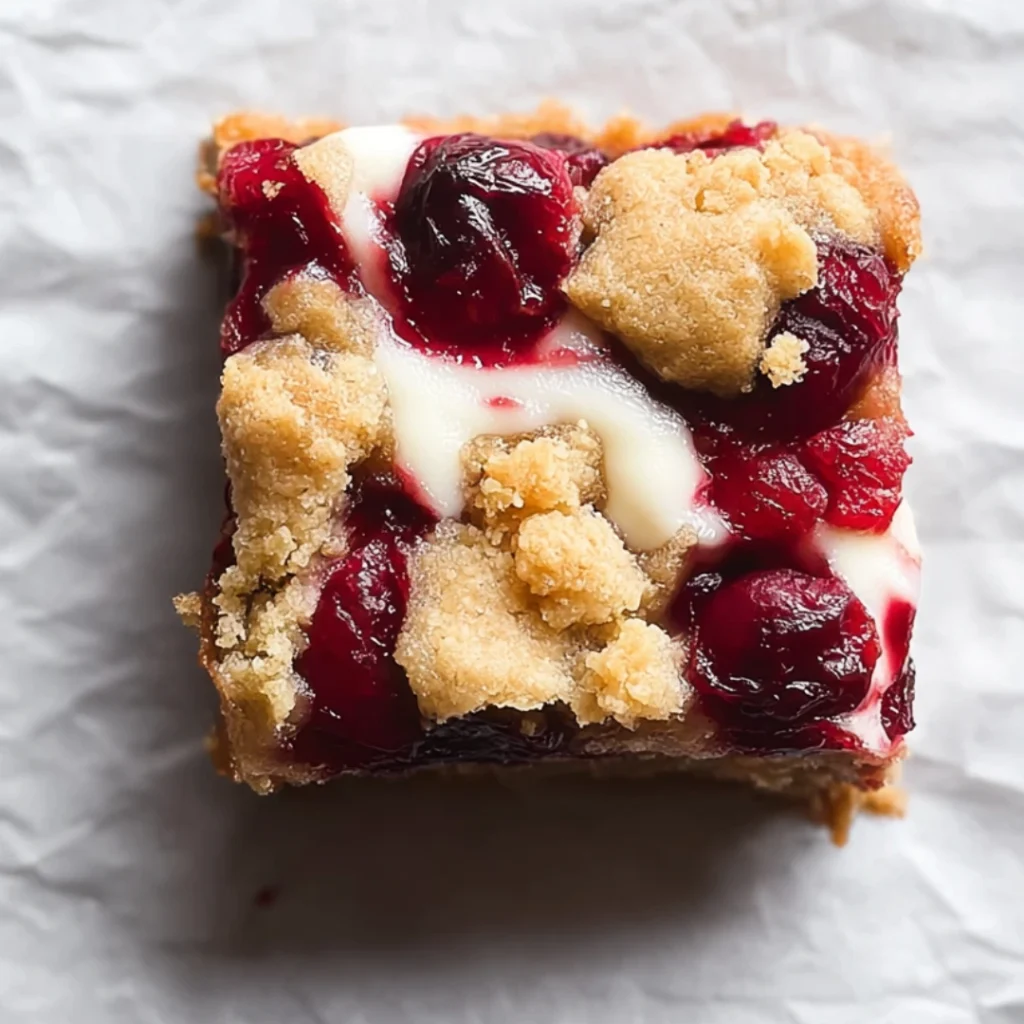 Freshly baked cranberry crumble bars with browned butter blondie, cut into squares on a parchment-lined pan