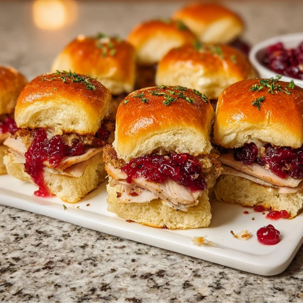 Cranberry turkey sliders fresh out of the oven, golden and delicious.