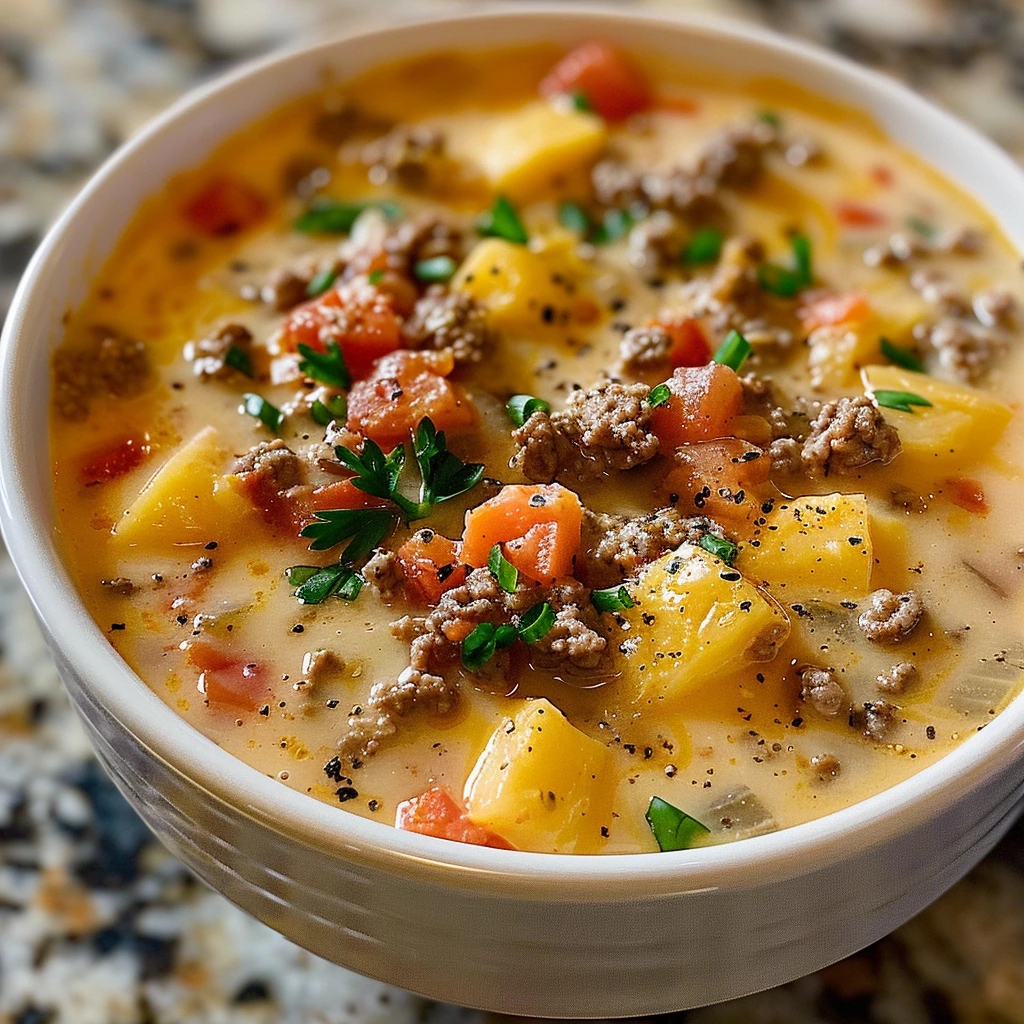Creamy cheeseburger soup with Velveeta cheese, potatoes, and ground beef, served in a bowl.