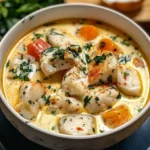 Creamy Coconut White Fish Stew served in a bowl with rice and fresh herbs