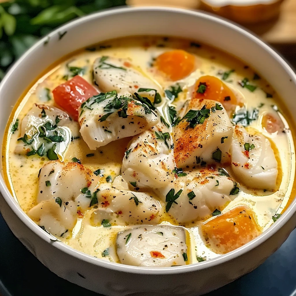 Creamy Coconut White Fish Stew served in a bowl with rice and fresh herbs
