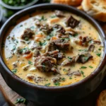 Bowl of creamy Philly cheesesteak soup with sliced beef, peppers, and melted cheddar