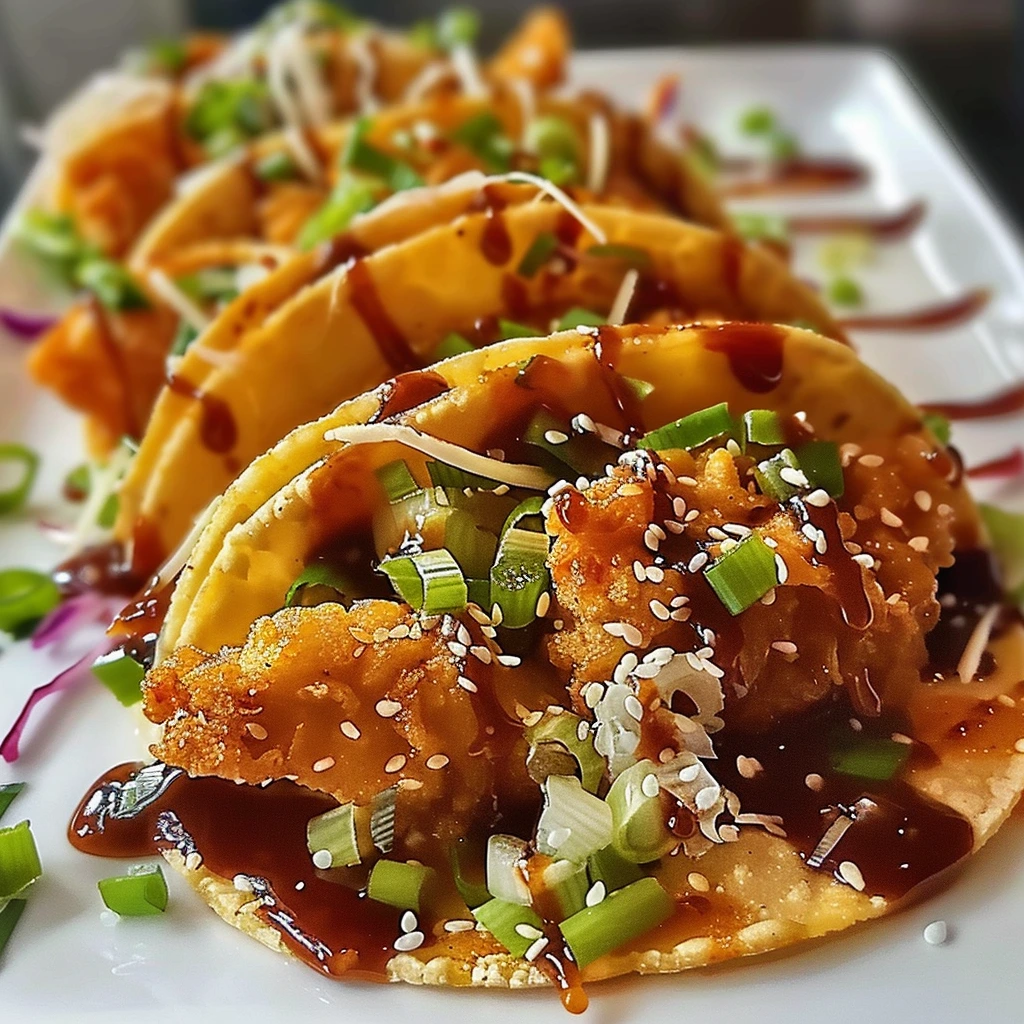 Crispy Chicken Wonton Tacos with shredded chicken, crunchy slaw, and a drizzle of sriracha mayo.
