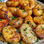 Golden crispy garlic butter potatoes in a skillet