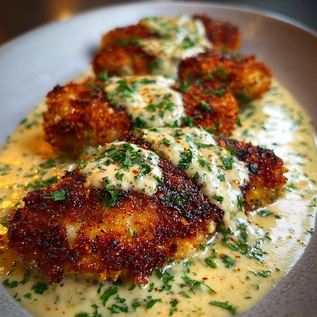 Crispy Parmesan Chicken topped with creamy garlic sauce and parsley
