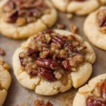Close-up of a Crumbl-style pecan pie cookie showing gooey pecan filling