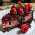 A slice of rich Dark Chocolate Raspberry Cheesecake topped with fresh raspberries and raspberry sauce.