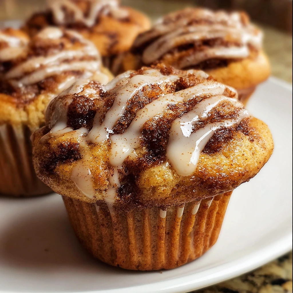 Plate of Easy Cinnamon Roll Protein Muffins with Cinnamon Swirl and Light Glaze