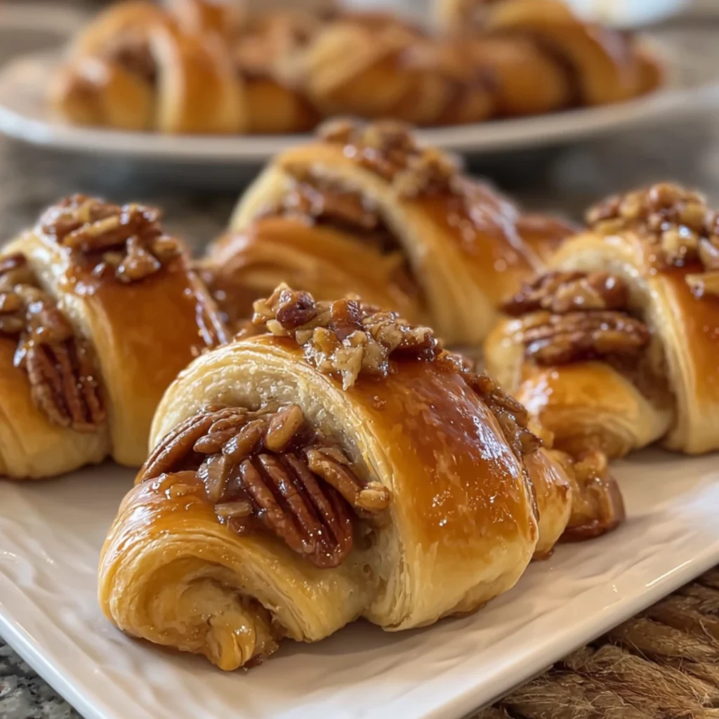 Golden-brown pecan pie crescent rolls fresh out of the oven on a baking tray