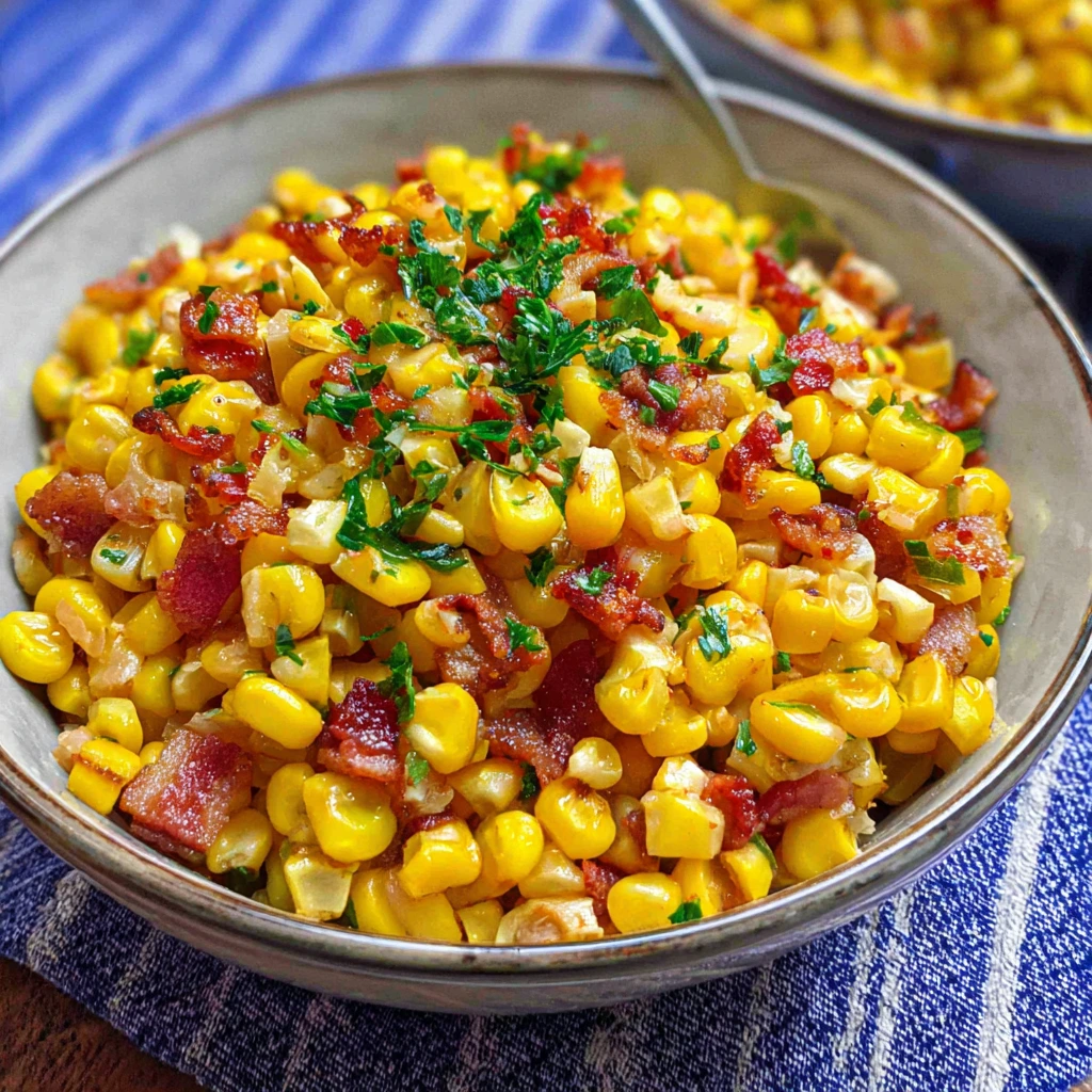 Fresh Corn & Turkey Bacon Side Dish served in a bowl with chopped herbs on top.