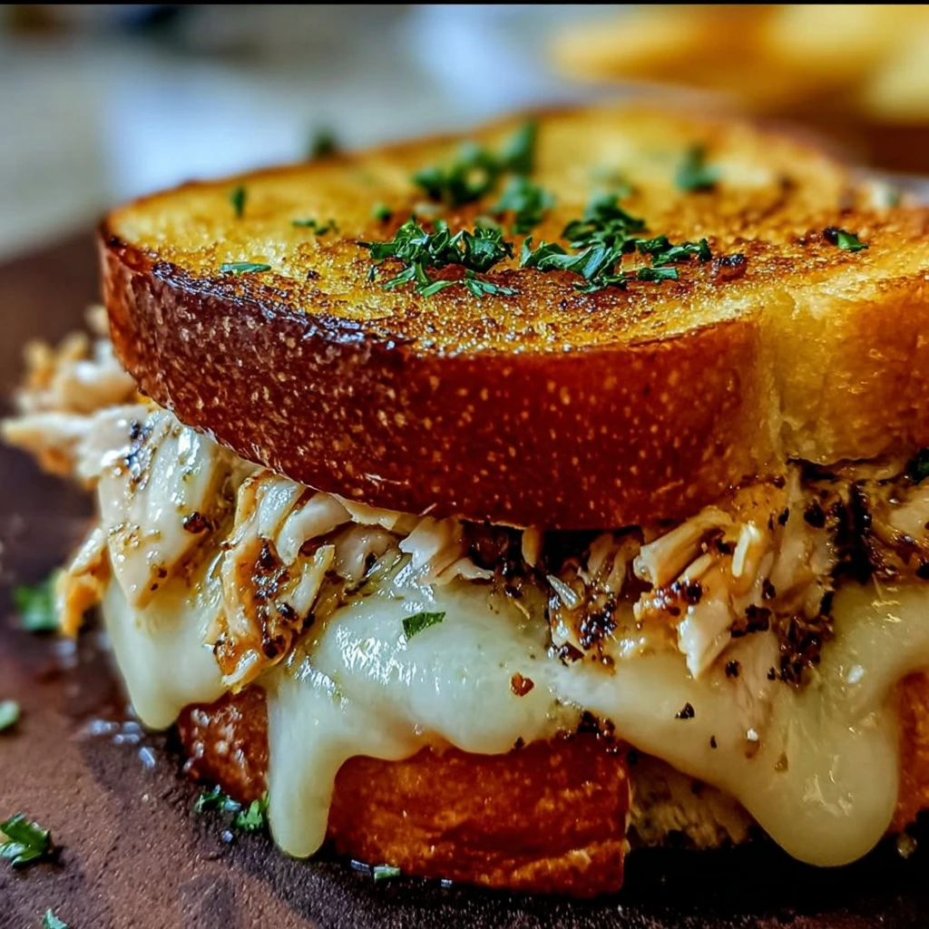 Garlic chicken sandwich with melted cheese and toasted bread