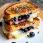 Close-up of a golden grilled cheese sandwich with melted cheese and fresh blueberries inside