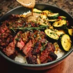 Grilled Steak Bowl with Zucchini and Savory Sauce on a white plate